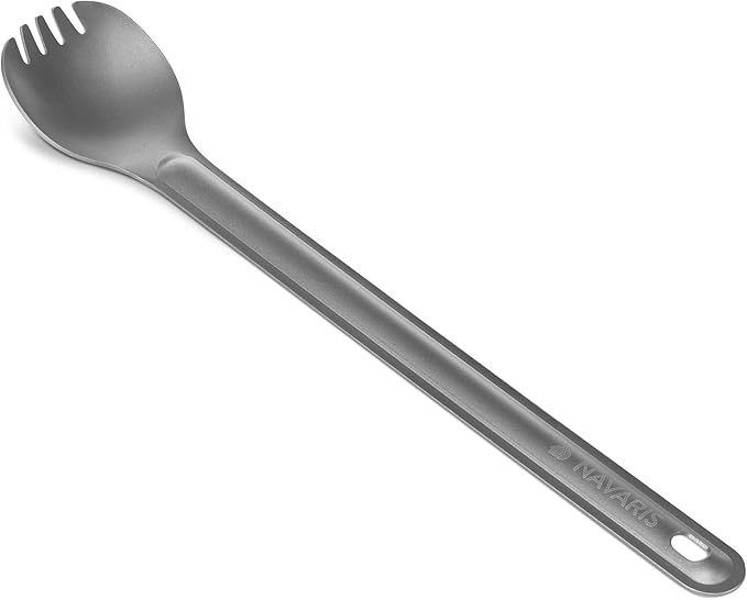 Navaris Long Handle Titanium Spork - 8.4" (21.5cm) Long Metal Utensil for Backpacking and Camping - Extra Strong and Lightweight - Includes Carry Bag