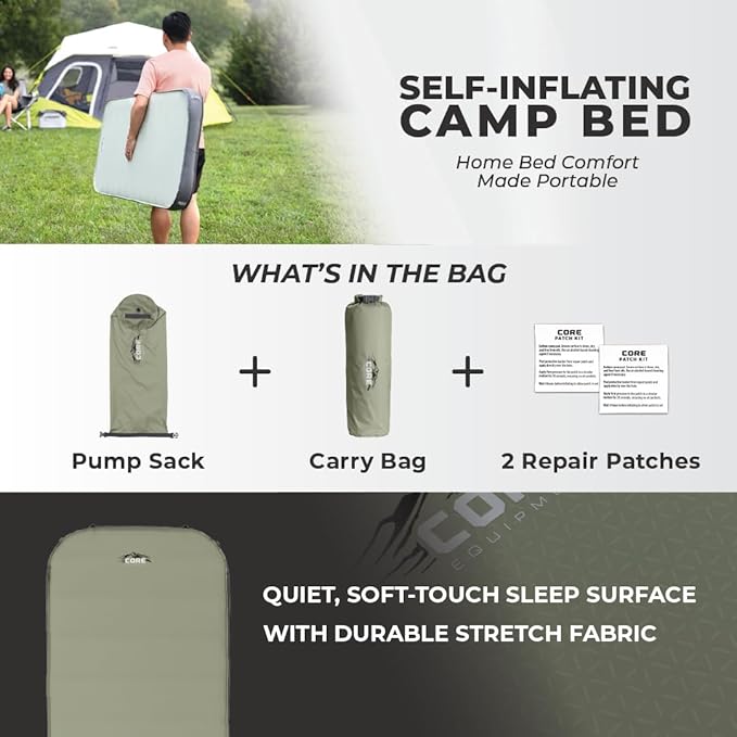 CORE Regular Self Inflating Camping Bed | Perfect Blow Up Mattress for Travel Car Camping & Outdoor Use | Air & Foam Filled Inflatable Sleeping Pad for Adults