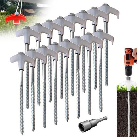 8" Screw in Tent Stakes - Ground Anchors Screw in, 2024 Upgraded Drillable Tent Stakes, Heavy Duty Metal Stake Ground Anchor Peg Threaded Tent Spikes with 1 Hex Head Driver