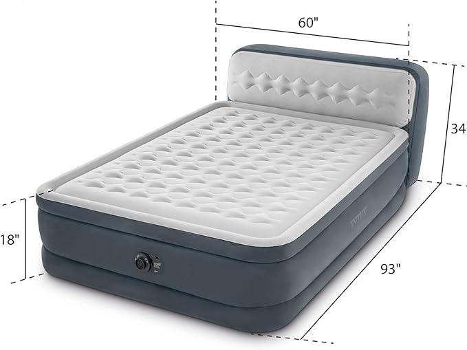 Intex Queen Size Air Mattress, 18in Height Airbed with Headboard, Built-in Pump, Dura-Beam Deluxe Ultra-Plush - Portable Inflatable Bed for Camping & Travel