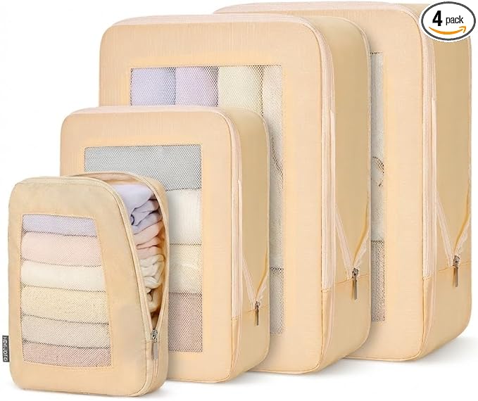 Small Compression Packing Cubes 4-Piece Set - Space Saving Travel Organizer Bags for Carry-On Luggage, Compressible Mesh Packing Cubes for Travel Women Ultralight