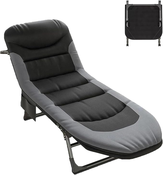Folding Camping Cot, Six-Position Adjustable Backrest, Camping Cot for Adults Comfortable with Pillow and Side Pockets, Supports 330lb, for Home Office Nap Beach Travel Hiking. (Black)