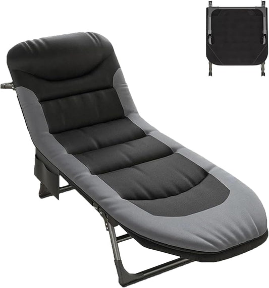 Folding Camping Cot, Six-Position Adjustable Backrest, Camping Cot for Adults Comfortable with Pillow and Side Pockets, Supports 330lb, for Home Office Nap Beach Travel Hiking. (Black)