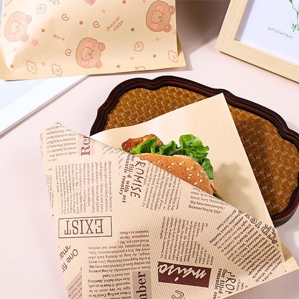 Paper Hamburger Bags 7 X 7 "50 Pieces, Food-Grade Oil-Proof Triangular Snack And Pastry Bags, Recyclable Packaging, Doughnut Sandwich Bread Food Packaging (Honey Bear)