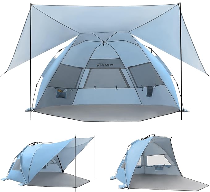 Elegear CumbreX™ Beach Tent with 360° Removable Canopy, 4-6 Person Pop Up Sun Shade Shelter, UPF 50+ Automated Installation Double Silver Coating Portable Lightweight Beach Cabana for Beach/Outdoor