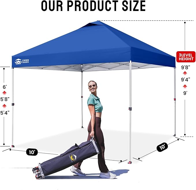 CROWN SHADES 10x10 Pop Up Canopy - Beach Tent with One Push Setup - Easy Outdoor Sun Shade for Events, Parties, Camping - Gazebo with STO-N-Go Cover Bag, Silver Coated Top, Blue