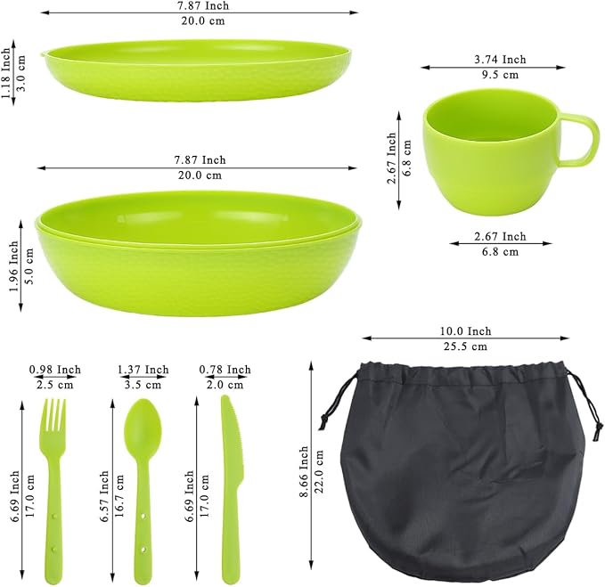 Berglander Camping Mess Kit with Bowl, Plate, Cup, Spoon, Fork, Knife and Carry Bag, Save Space, Easy to Carry, Plastic Camping Essentials Utensils for Travel, Picnic, Outdoor (Green)