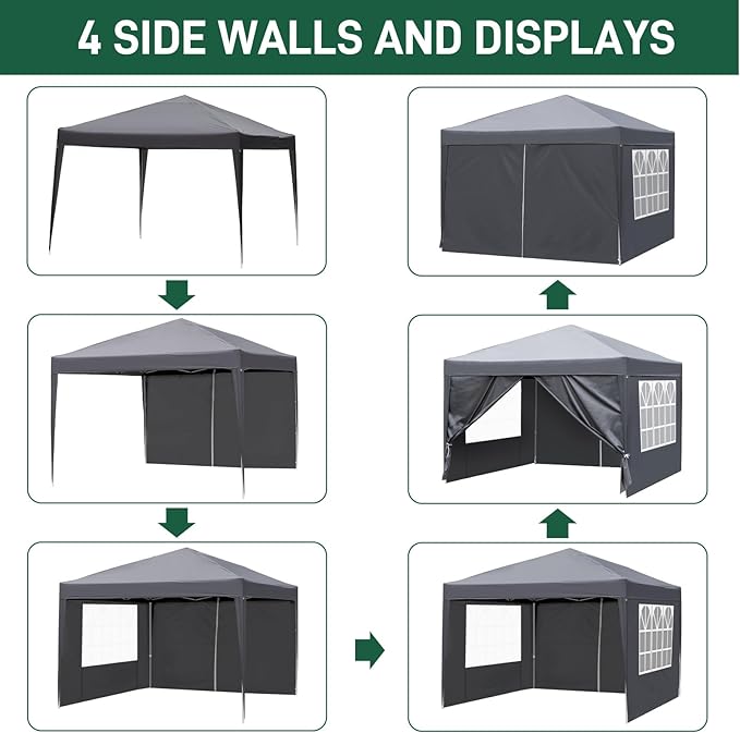 Outvita 10x10ft Ez Pop Up Canopy, Portable Instant Canopy Tent with 4 SideWalls for Outdoor Events, Party, Wedding, Birthday,Graduation Gray
