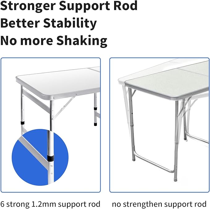 Camping Table 6FT Folding Table Large 3 Adjustable Height Portable Picnic Table Camp Aluminum Outdoor Picnic BBQ White