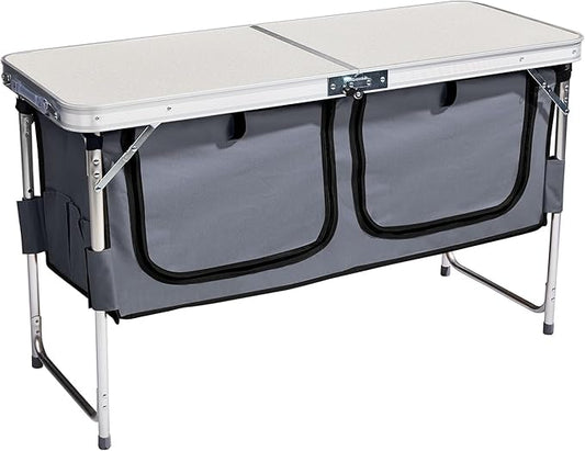Outdoor Folding Camping Table with Storage Compartment, 4ft Portable Pinic Table with 3 Adjustable Height, Carry Handle，for BBQ, Party, Camping, White