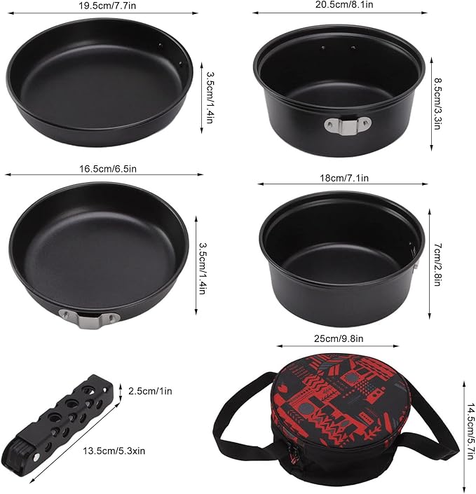 Camping Cooking Pot Pan Set, Prevent Stick Portable Aluminum Alloy Stackable Open Fire Outdoor Cookware Even Heat Conduction with Tote Bag for Hiking