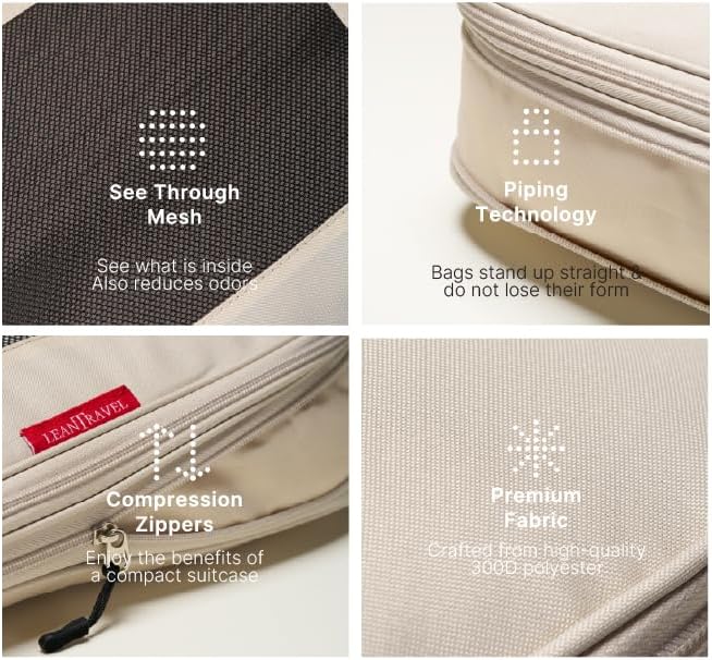 LeanTravel Premium Compression Packing Cubes for Travel - Luggage Organizers with Double Zipper - Sturdy Bags for Suitcase (6-Pack, Sand)