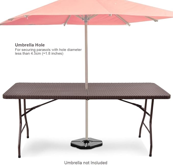 Tangkula 6Ft Rattan Folding Table, Indoor Outdoor Portable Foldable Table with 1.8 Inch Umbrella Hole, Heavy Duty Metal Frame, Carrying Handle for Camping Picnic Backyard BBQ