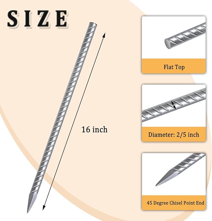 Rebar Stakes 12 Inch 10 Pack Tent Spikes Heavy Duty Metal J Hook, Fence Stakes for Trampoline, Fence, Camping Tent (17, I-16 x2/5")