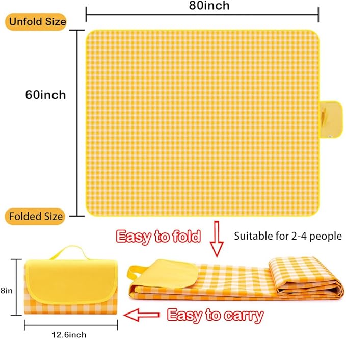 Extra Large Picnic Blanket Beach Blankets, 80''x60'' Picnic Mat Waterproof Sand Proof Foldable Portable for Outdoor Camping Hiking Travel Grass Park Music Festival Lawn Mats (yellow, 80x60 inch)
