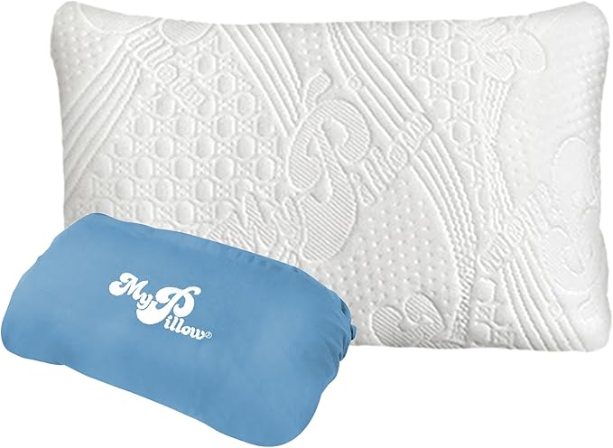 MyPillow Multi-Use Travel Pillow Compact Pillow for On-The-Go Comfort and Sleeping, Portable, Compact, Washable Pillow for Adult and Kids Neck Support [Blue Stripe]