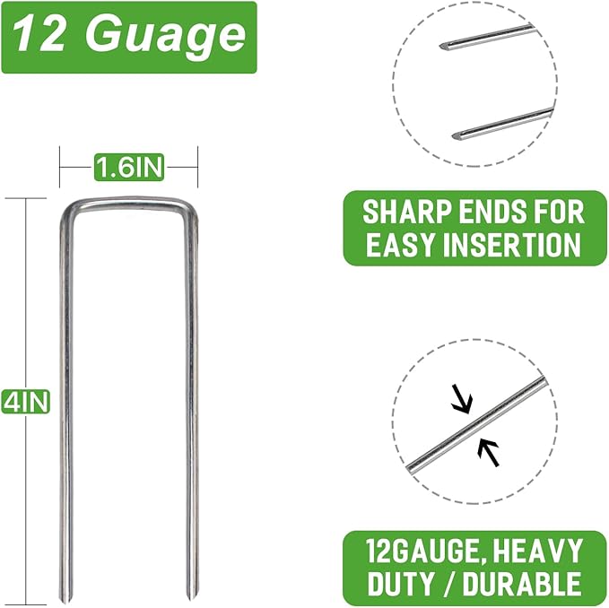 Landscape Staples Galvanized Garden Stakes,4 inch 200 Pack 12 GaugeHeavy Duty Garden Pins for Fences, Lawns, Weed Barriers and Landscape Fabrics, Irrigation Hose,Yard Lawn, Landscape Fabric.