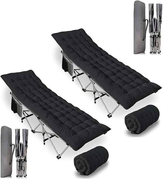 ZONETECH Folding Outdoor Camping Travel Cot and Cot Pad -Lightweight Portable Heavy Duty Adult & Kids Large Pocket and Cushion (Gray & Black, 2-Pack)