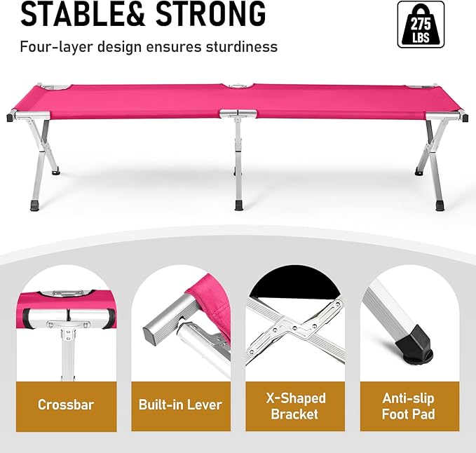 Camp Bed, Portable Folding Camping Cot for Adults,Indoor Outdoor Portable Sleeping Cot for Hiking, Camping with Carrying Bag Army (Pink)
