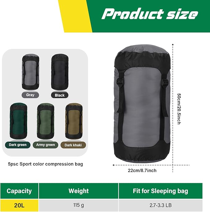 5 Pcs Compression Sacks for Backpacking 20L Camping Sleeping Bag Stuff Sacks for Backpacking Water Resistant Sleeping Bag Storage Sack for Space Saving Hiking Gear