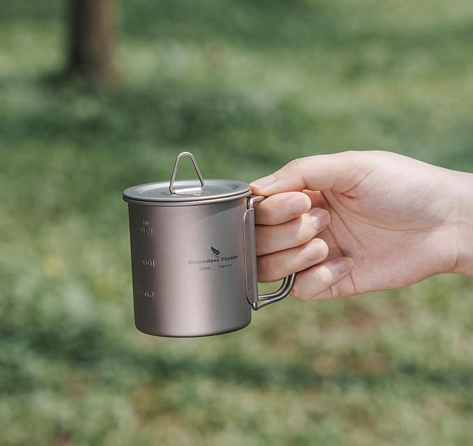 iBasingo Titanium Mug 200ml & 300ml & 450ml Backpacking Tea Coffee Water Cup with Lid & Foldable Handle Outdoor Camping Pot Ultralight Portable Hiking Picnic Cooking Kit Ti3046D