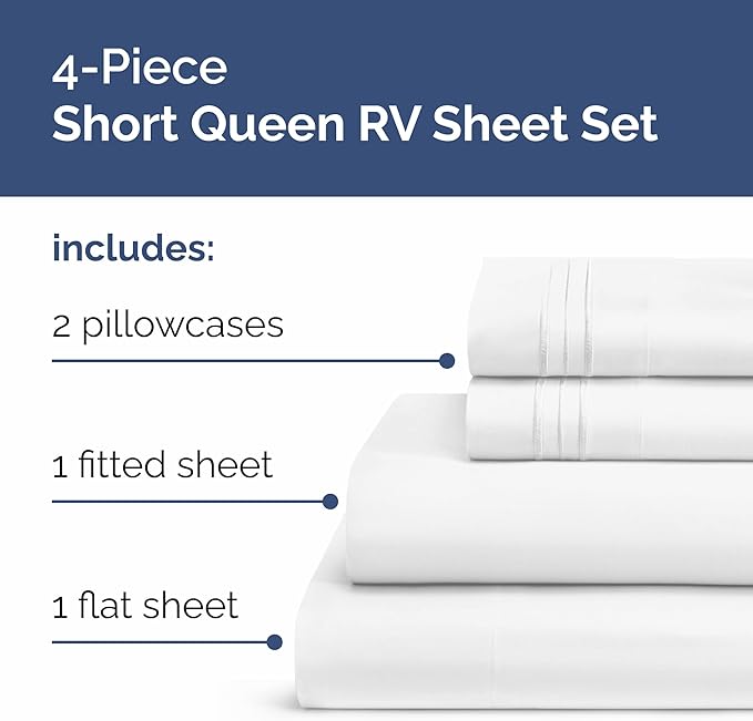 Short Queen Size 4 Piece Sheet Set - RV Short Queen, Soft, Breathable & Cooling Bed Sheets Set with Deep Pockets - Hotel Luxury Bedding for Women, Men, Kids, Teens, Boys and Girls - Oeko-Tex - White