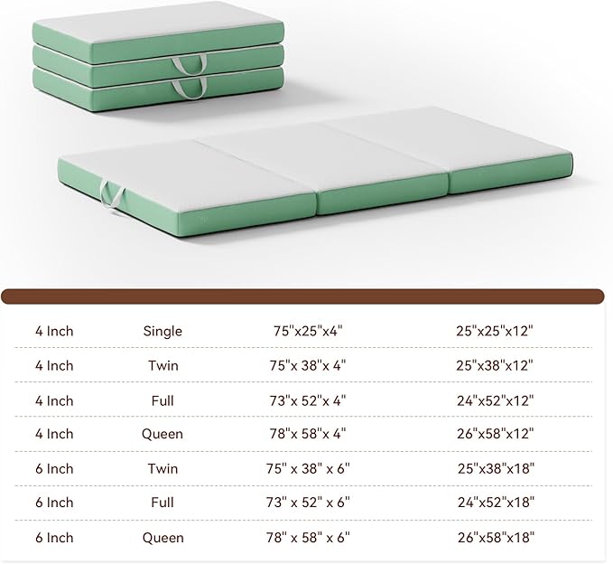 Memory Foam Trifold Mattress, Twin Portable Floor Bed 4 Inch, Foldable Mat with Washable Cover, Handle & Non-Slip Bottom, for RV, Travel, Camping, Yoga, 75"x38"x4", White Green