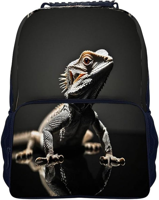 Men Women Lightweight Cool Bearded Dragon Lizards Animal Black Daypack Bookbag Big Capacity Carry On Bag With Side Pockets for Camping Travel Bicycle