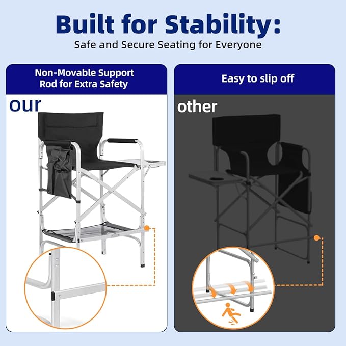 Professional Tall Makeup Chair with Folding Side Table & Storage, Portable and Sturdy Directors Chair for Makeup Artists & Beauty Enthusiasts
