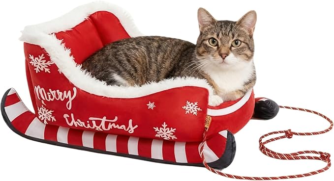 Christmas Sleigh Dog Cat Beds, Christmas Themed Pet Sleigh Bed, Festive Insulated Nest for Winter Holiday Puppy Animal Calming Sleeping Kitten Cold Weather Nights Indoor Rest