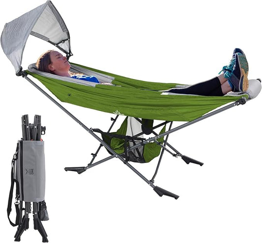 Portable Hammock with Stand, World's Best Mock ONE® Hammock, Compact Folding Framed Hammock with Adjustable Sunshade Canopy for Park, Backyard, Garden, Camping, Hiking, Mountaineering, Beaches- Green