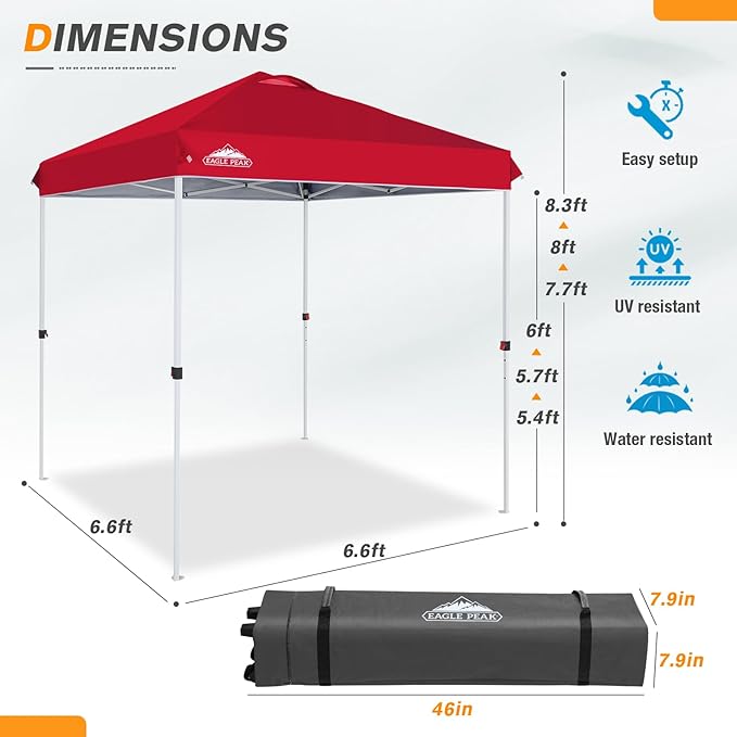 EAGLE PEAK Pop Up Canopy Tent with Wheeled Carry Bag, 8 Stakes, 4 Ropes, Easy Set Up Tent Canopy, 6.6x6.6 ft, Red