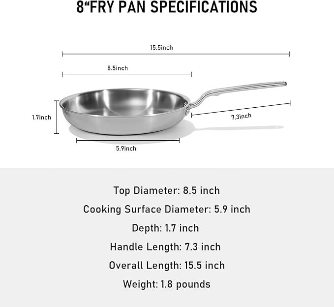 8 Inch Mini Stainless Steel Frying Pan - 5 Ply Stainless Clad Skillet with Aluminum Core, Durable and Even Heating, Professional Cookware for Induction, All Stoves, Oven and Dishwasher Safe