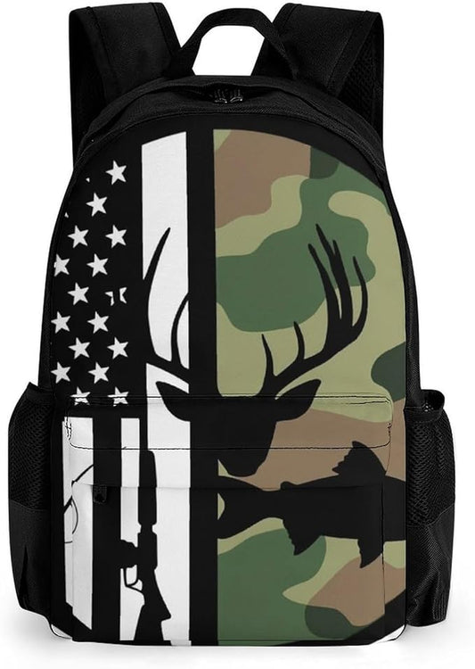 Lightweight Daypack Backpack for Sports Travel Running, Large Capacity Multipurpose Anti-Theft Bookbag, Hunting Deer Bass Fishing Lure Camo Camouflage American Flag Black Laptop Backpack Daypack
