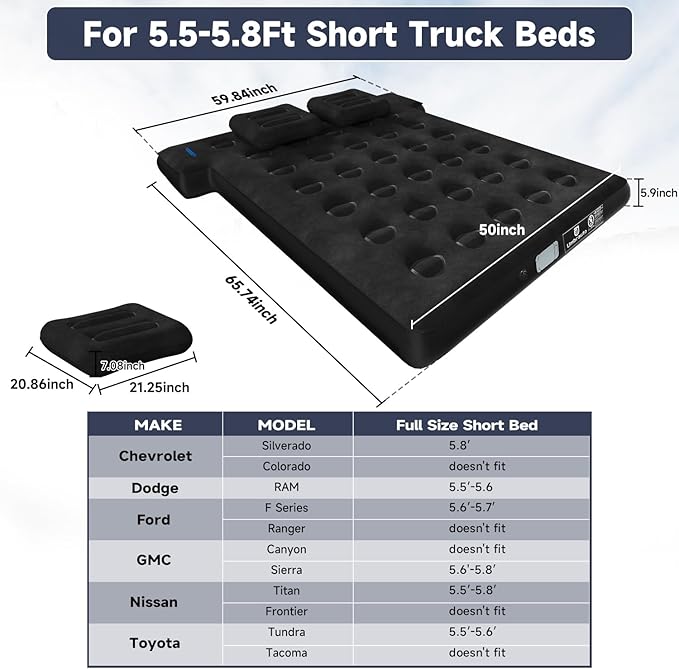 Umbrauto Truck Air Mattress for 5.5-5.8ft Full Size Truck Bed, Inflatable Pickup Airbed with Wireless Rechargeable Pump for Outdoor Travel