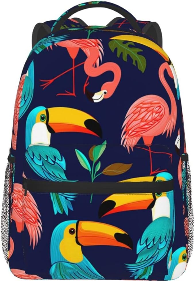 Polyester Daypack Backpack for Climbing Outdoors Running, Big Capacity Multipurpose Anti-Theft Bookbag, Exotic Birds Parrot Flamingo Art Travel Hiking Camping Rucksack