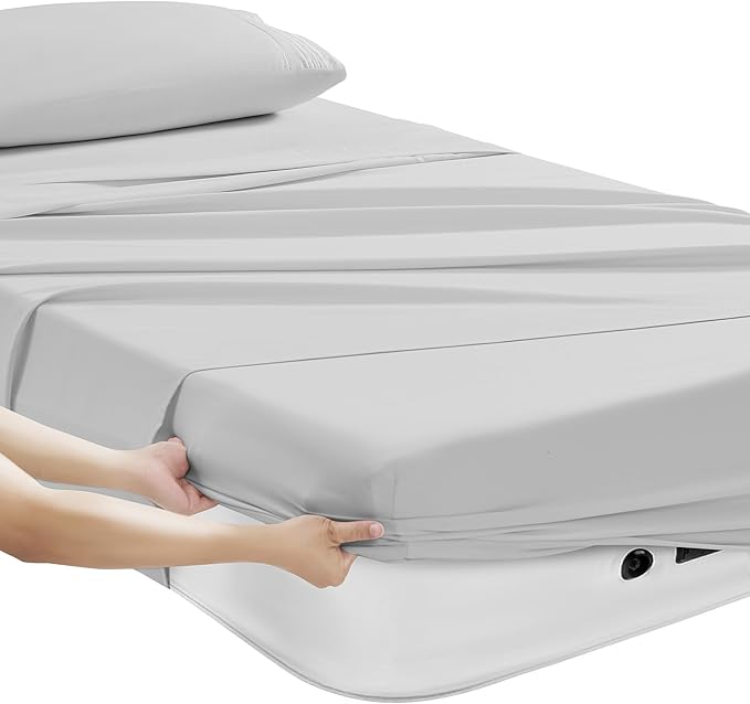 Camping Sheets Twin Size - Outdoor Air Mattress Sheet Set – Built-in Corner Straps for Air Mattress & Camping Use – Designed for Inflatable Beds & Tailgate Sleepovers, Silver