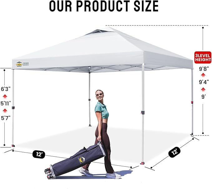 CROWN SHADES 12x12 Pop Up Canopy Outside Canopy, Patented One Push Tent Canopy with Wheeled Carry Bag, Bonus 8 Stakes and 4 Ropes, White