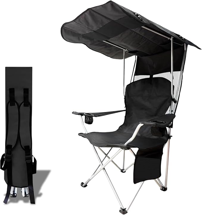 Portable Camping Chair with Canopy Shade- Folding Camping Lounge Chair with Cup Holder & Side Pocket for Outdoor Camping, Fishing, Beach - Support 330 LBS (Black)