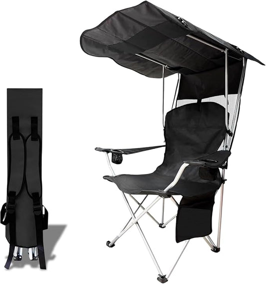 Portable Camping Chair with Canopy Shade- Folding Camping Lounge Chair with Cup Holder & Side Pocket for Outdoor Camping, Fishing, Beach - Support 330 LBS (Black)