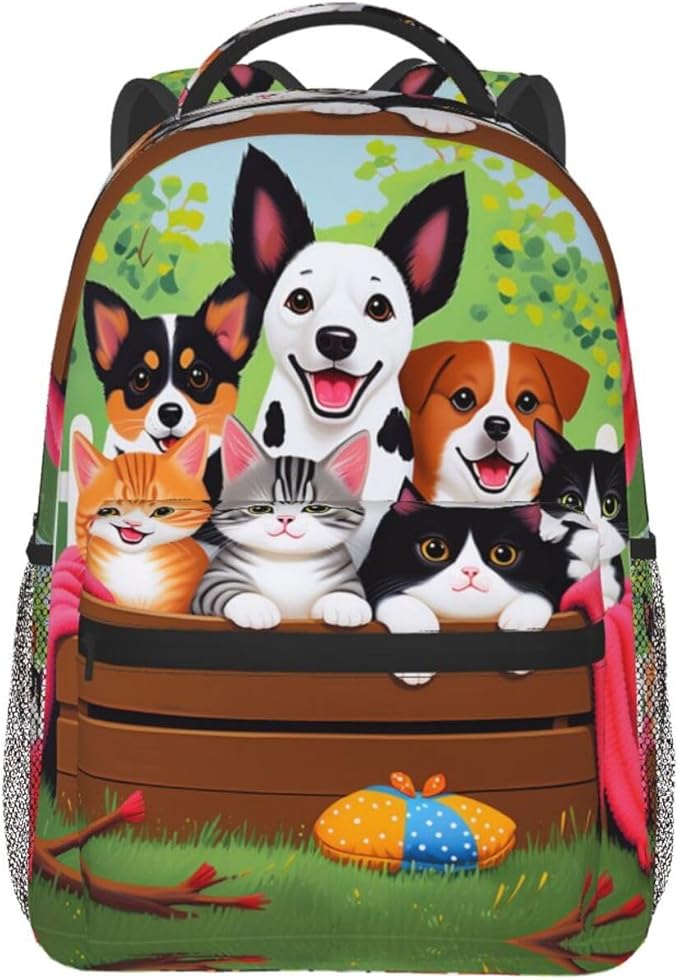 Men Women Lightweight Cute Animals Happy Dogs And Cats Art Casual Daypack Big Capacity Bookbag With Padded Straps for Gym Travel Walking Cycling