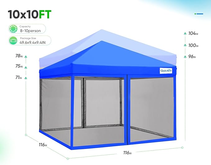 Quictent 10'x10' Easy Pop up Canopy Tent with Netting Screened, Outdoor Instant Portable Gazebo Screen House Room Tent -Fully Sealed, Waterproof & Roller Bag Included (Royal Blue)