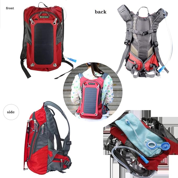 Solar Backpack, Solar Powered 1.8 Liter Hydration Backpack / 7 Watt Solar Panel,