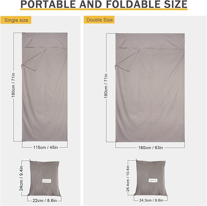 Sleeping Bag Liner, Ultralight Travel Sheet with Zipper and Compact Carry Bag, Portable Sleeping Camping Sheet, Soft Sleeping Bag Sack for Hotel, Hiking, Tenting, Camping