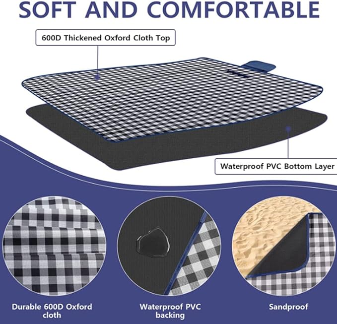 K Y KANGYUN Outdoor Picnic Blankets, Extra Large Beach Blanket, Foldable Lightweight Waterproof Sand Mat, Picnic Blanket 80" x 60" for Beach Camping Hiking Park Patio (Dark Blue, 80x60 inch)