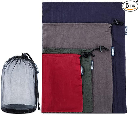 Nylon Stuff Sack Set 5-Piece (1.4L/2.7L/3L/7.5L/15L); Drawstring Storage Sack; Mesh Bags; Ditty Bags Small M Large XL for Organization Travel Camping Backpacking Down Jacket; Assorted Colors