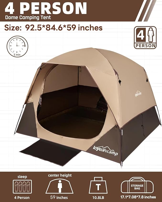 Tents for Camping 4 Person Tent Waterproof Easy Setup Dome Family Tent with Rainfly Large Tents for Outdoor Camping&Hiking,Polyurethane Material, Khaki