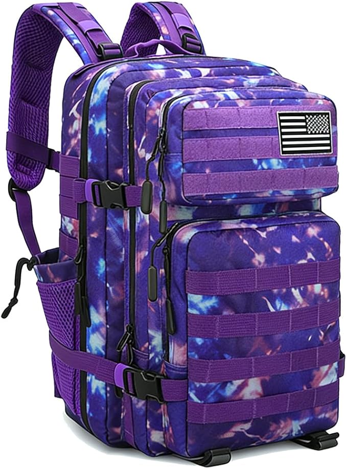 Military Tactical Backpack 45L Bug Out Bag Assault Pack Molle Daypack Hiking Gym Rucksack with Bottle Holder(Purple tie dye)