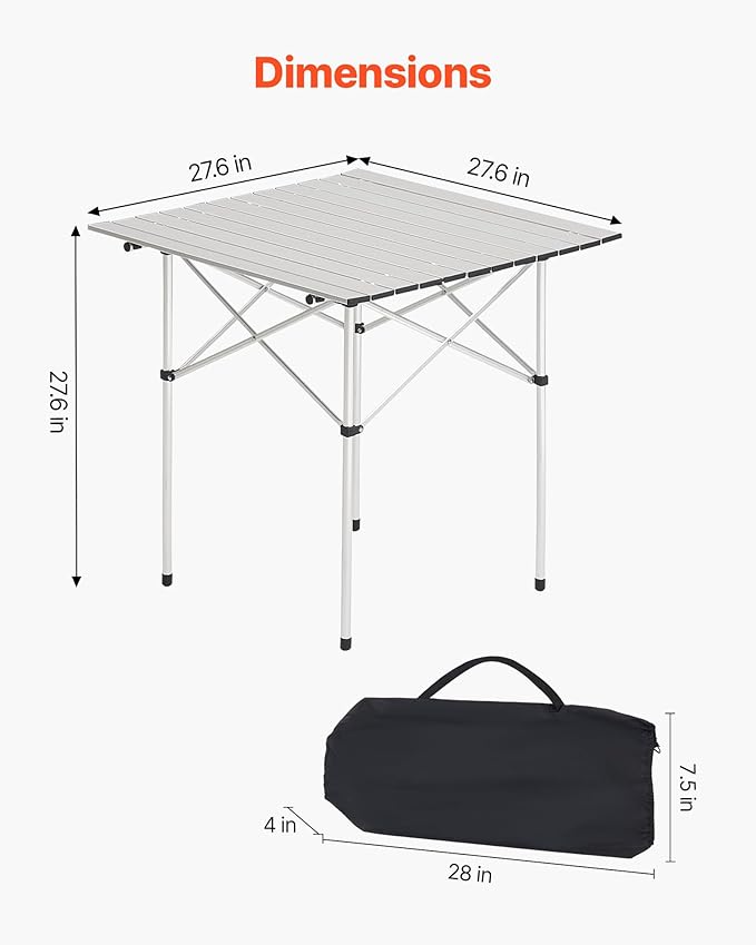 VEVOR Folding Camping Table, Portable Roll Up Side Tables, Lightweight Aluminum Table for Outdoor BBQ Tailgating Picnic, Travel (28 inch-Silver)