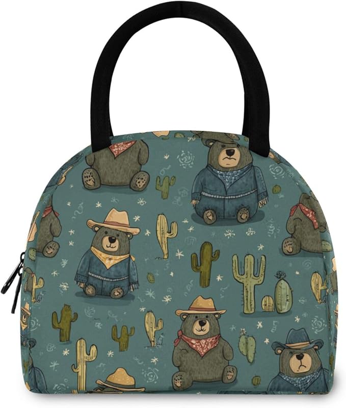 Kcldeci Kids Lunch Bag Insulated Lunch Box for Boys Girls Western Funny Bear Reusable Toddler Leak-proof Lunchbox for School and Daycare